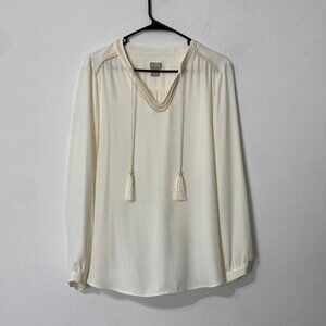 Chico's Women's Peasant Tunic Blouse Long Sleeve Trim Tassels Details Size 2